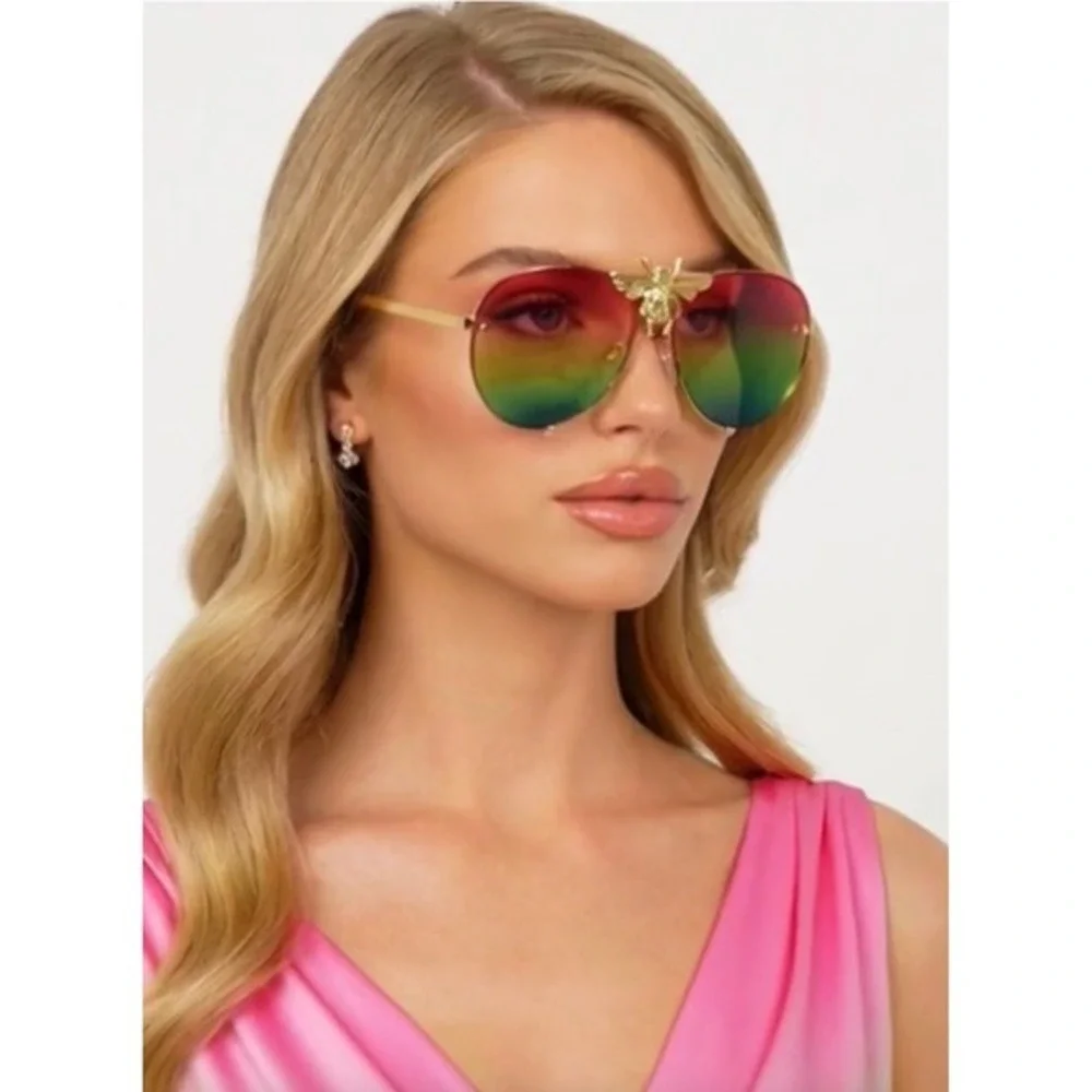 Bee Aviator Sunglasses Rainbow Lens Gold Frame Fashion Statement Sun Glasses New